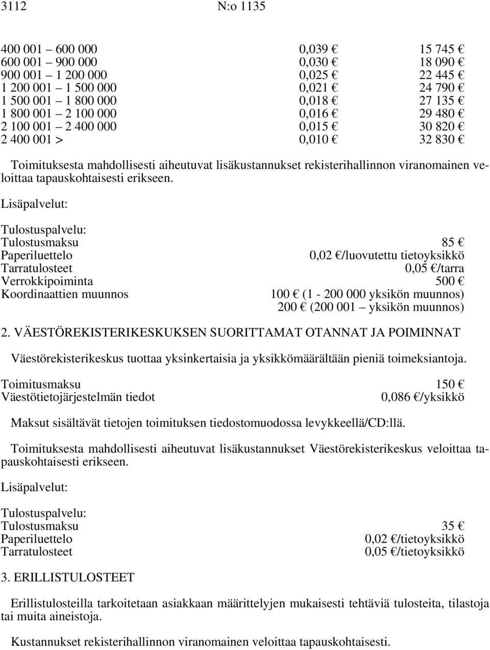 Lisäpalvelut: Tulostuspalvelu: Tulostusmaksu 85 Paperiluettelo 0,02 /luovutettu tietoyksikkö Tarratulosteet Verrokkipoiminta 0,05 /tarra 500 Koordinaattien muunnos 100 (1-200 000 yksikön muunnos) 200