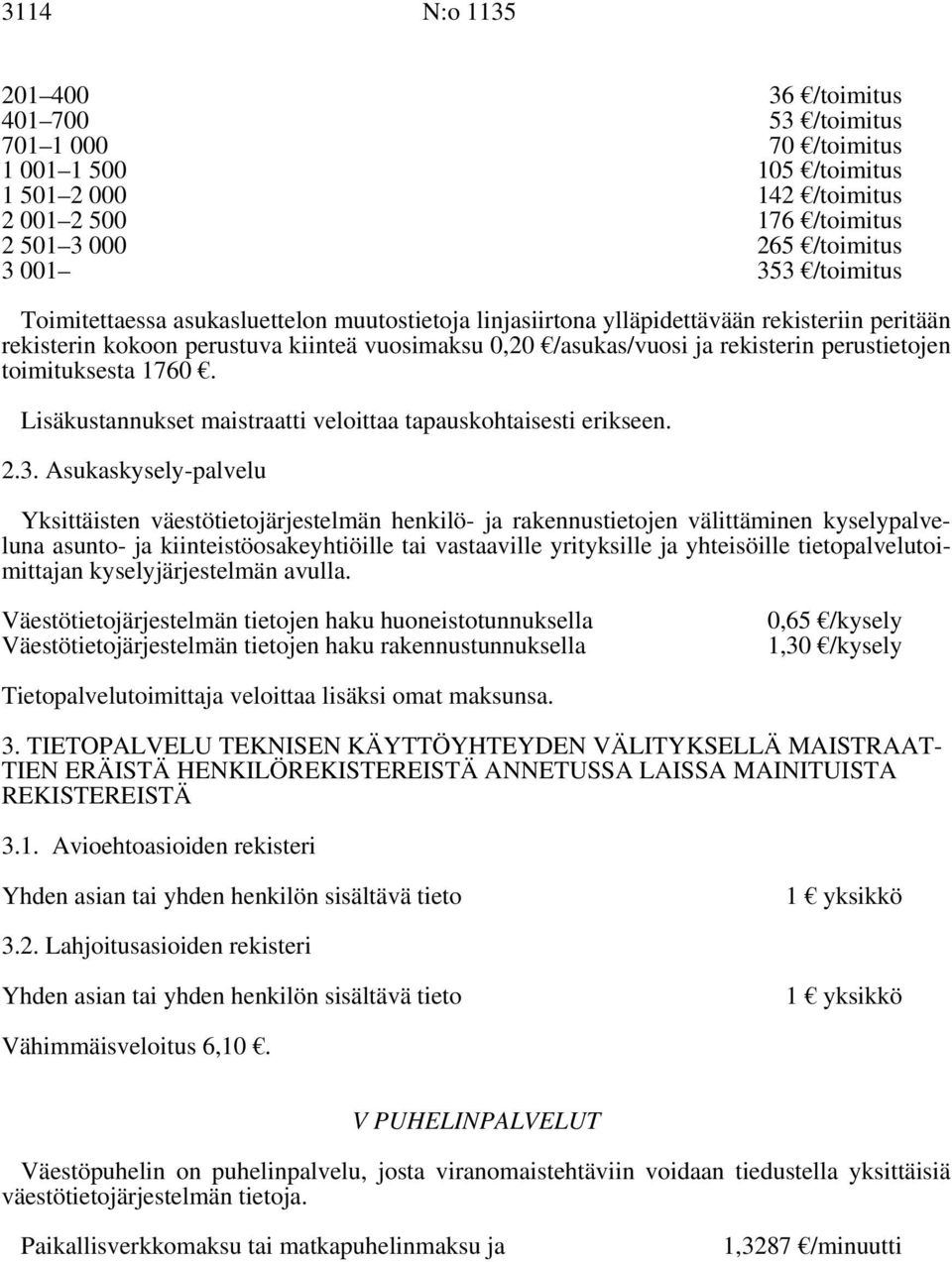 toimituksesta 1760. Lisäkustannukset maistraatti veloittaa tapauskohtaisesti erikseen. 2.3.