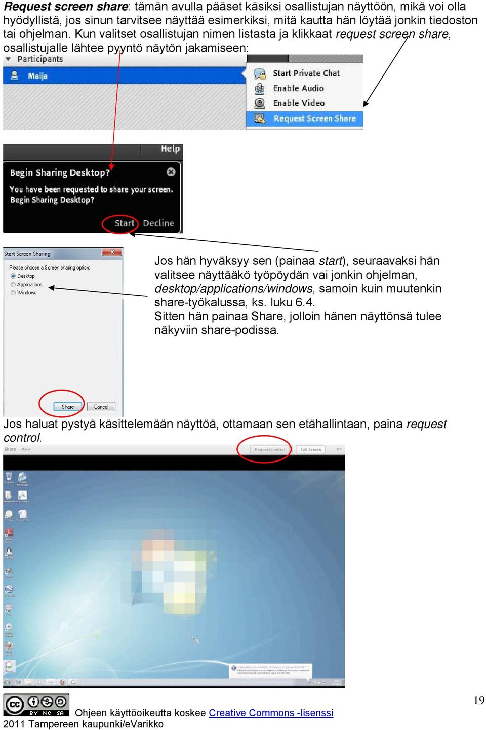Kun valitset osallistujan nimen listasta ja klikkaat request screen share, osallistujalle lähtee pyyntö näytön jakamiseen: Jos hän hyväksyy sen (painaa start),