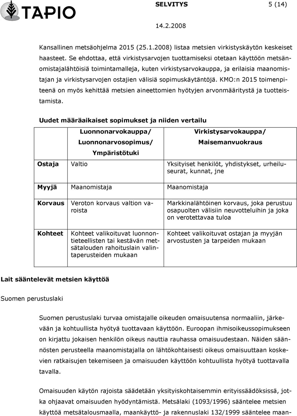 sopimuskäytäntöjä. KMO:n 2015 toimenpiteenä on myös kehittää metsien aineettomien hyötyjen arvonmääritystä ja tuotteistamista.