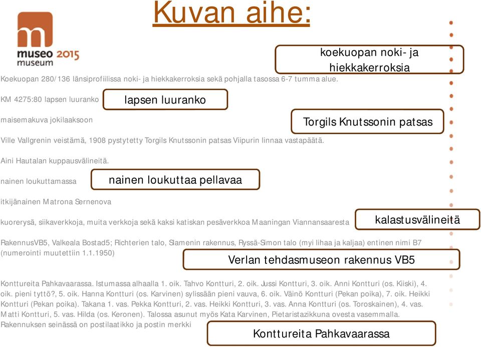 nainen loukuttamassa koekuopan noki- ja hiekkakerroksia lapsen luuranko Torgils Knutssonin patsas nainen loukuttaa pellavaa itkijänainen Matrona Sernenova kuorerysä, siikaverkkoja, muita verkkoja