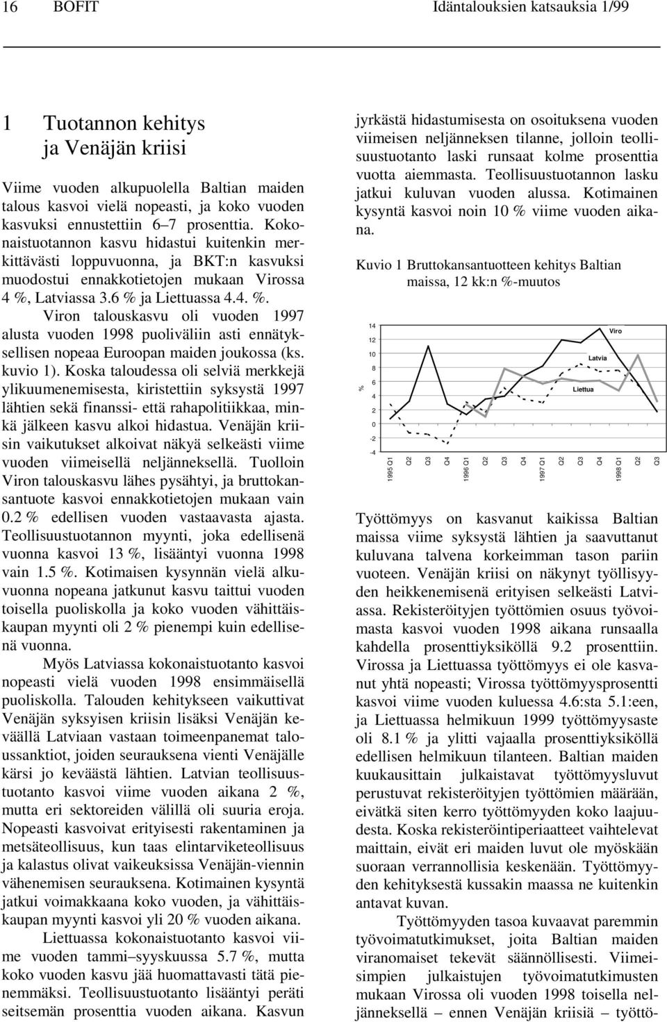 Latviassa 3.6 % ja Liettuassa 4.4. %. Viron talouskasvu oli vuoden 1997 alusta vuoden 1998 puoliväliin asti ennätyksellisen nopeaa Euroopan maiden joukossa (ks. kuvio 1).