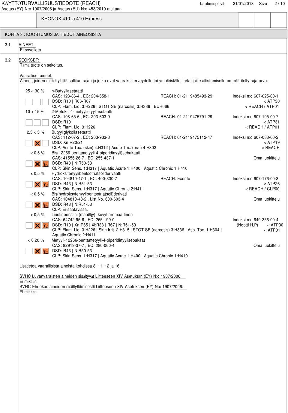 CAS: 123-86-4, EC: 204-658-1 REACH: 01-2119485493-29 Indeksi n:o 607-025-00-1 DSD: R10 R66-R67 < ATP30 CLP: Flam. Liq.