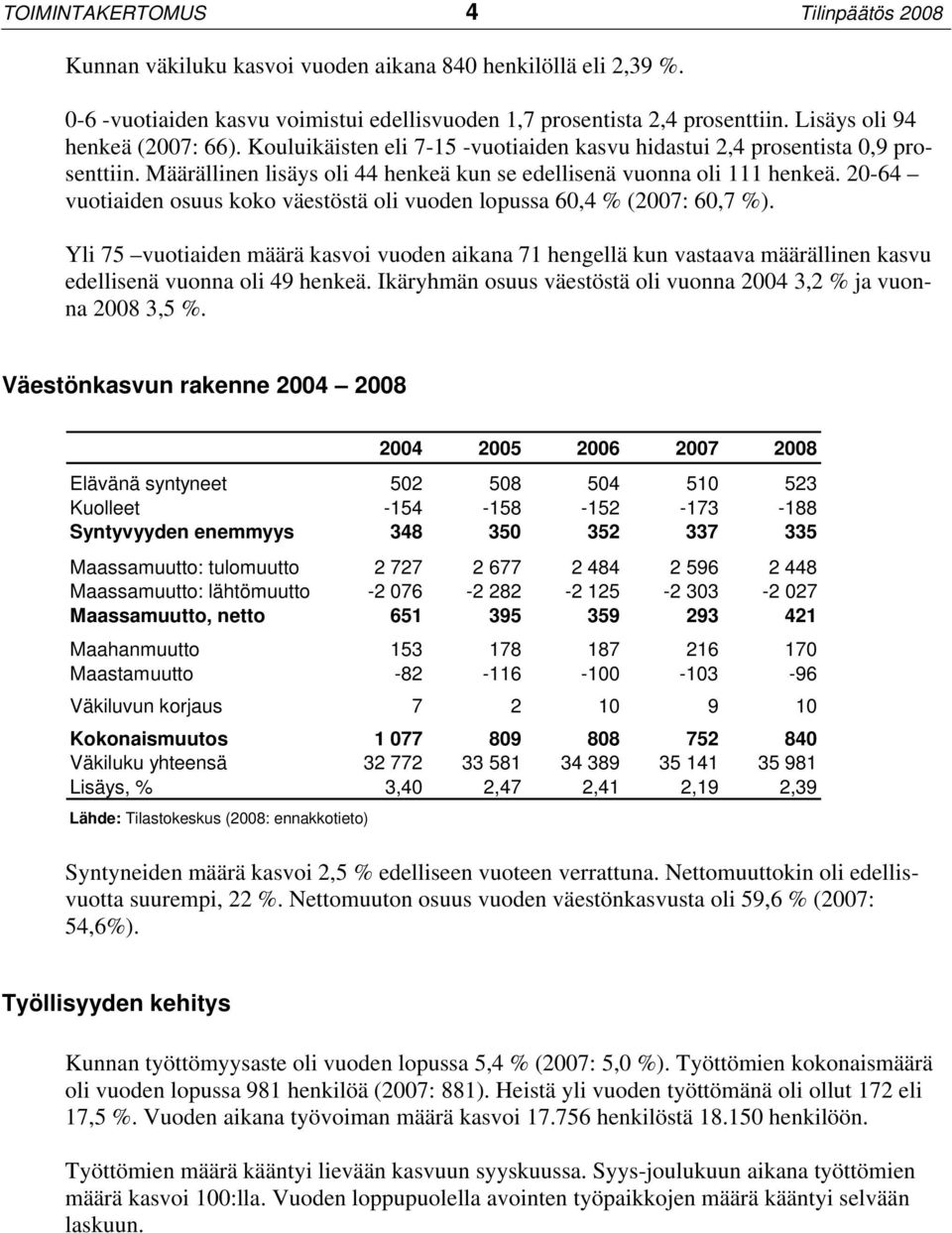 20-64 vuotiaiden osuus koko väestöstä oli vuoden lopussa 60,4 % (2007: 60,7 %). Yli 75 vuotiaiden määrä kasvoi vuoden aikana 71 hengellä kun vastaava määrällinen kasvu edellisenä vuonna oli 49 henkeä.