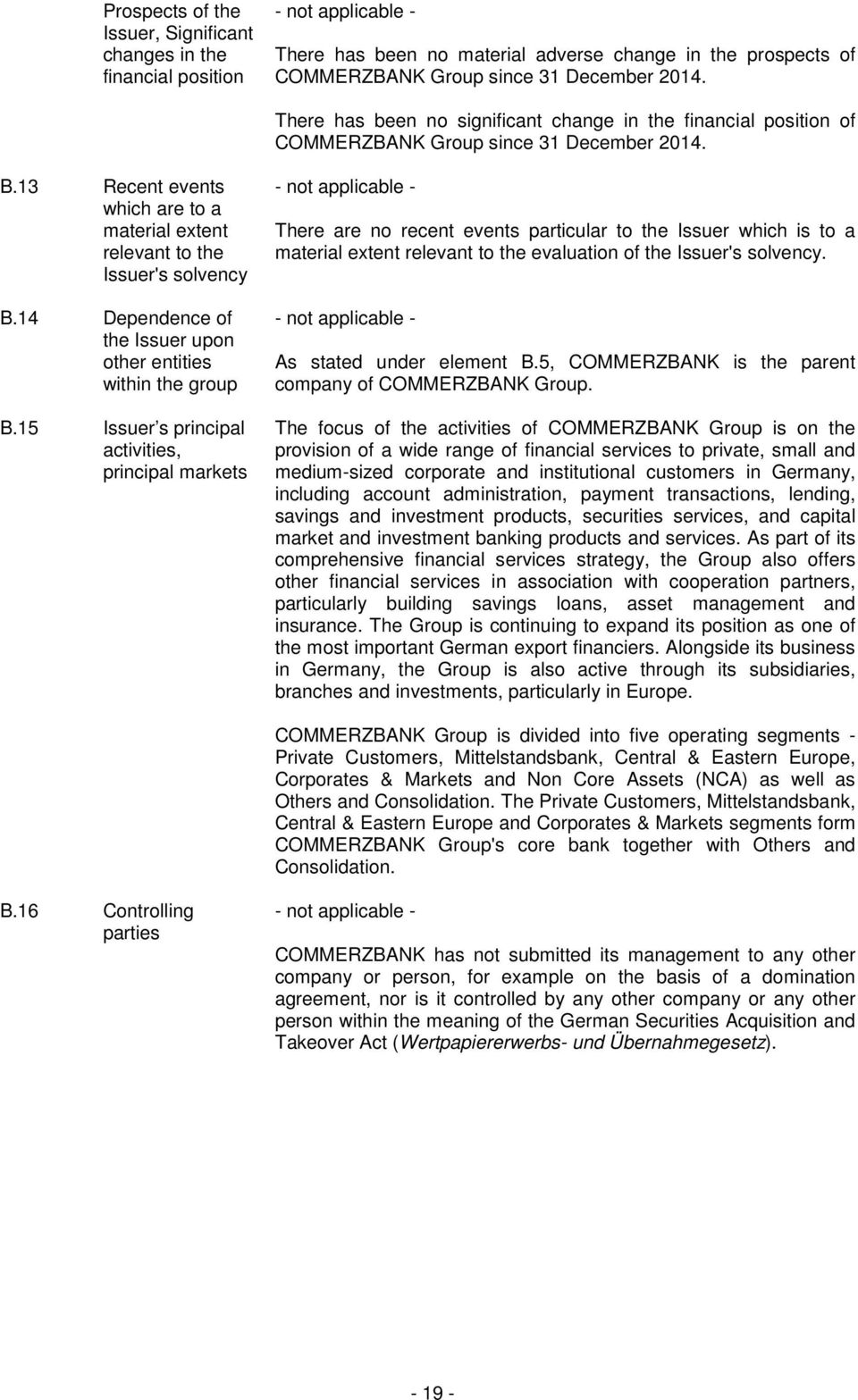 14 Dependence of the Issuer upon other entities within the group B.