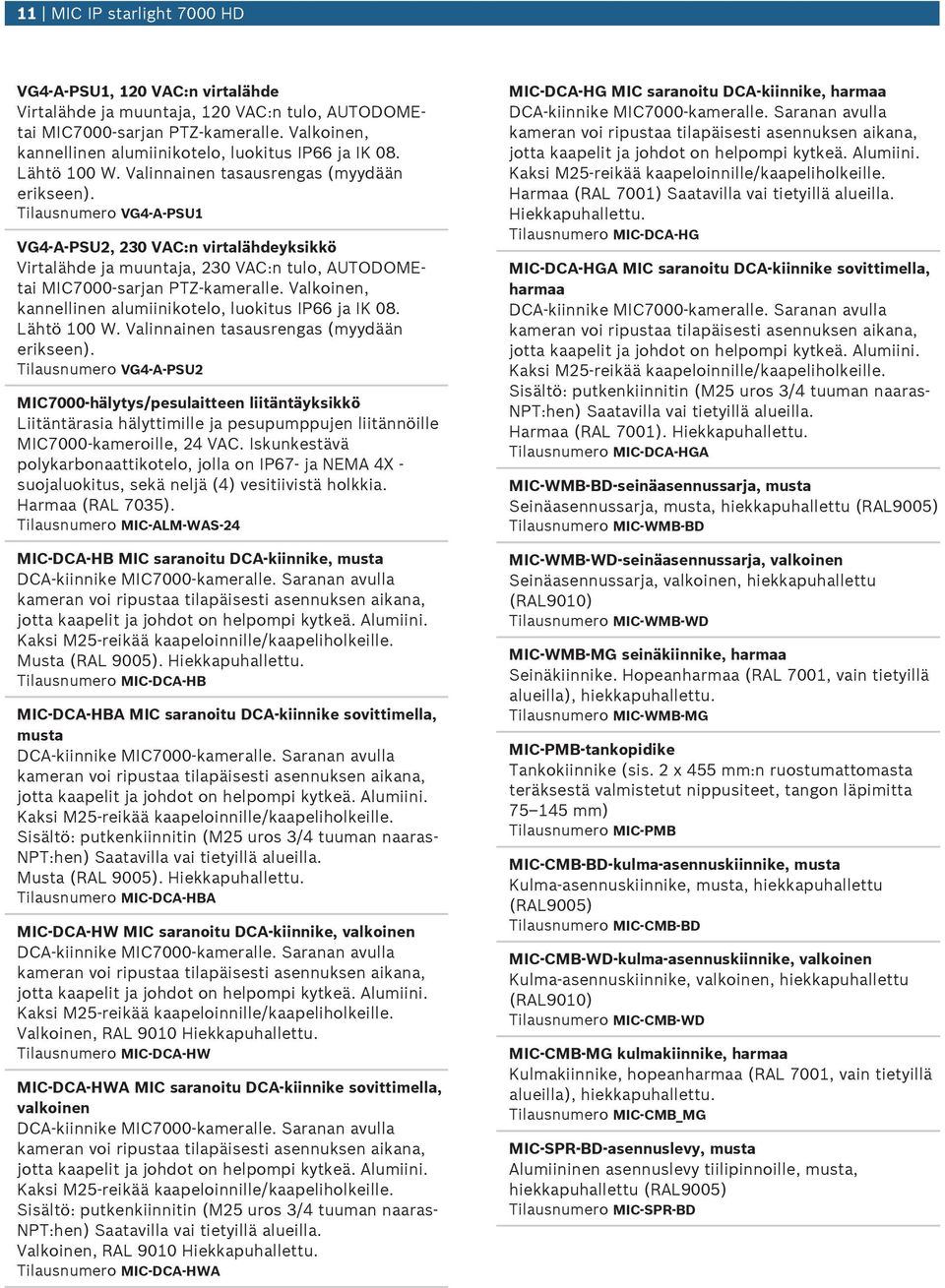 Tilausnumero VG4-A-PSU1 VG4-A-PSU2, 230 VAC:n virtalähdeyksikkö Virtalähde ja muuntaja, 230 VAC:n tulo, AUTODOMEtai MIC7000-sarjan PTZ-kameralle.