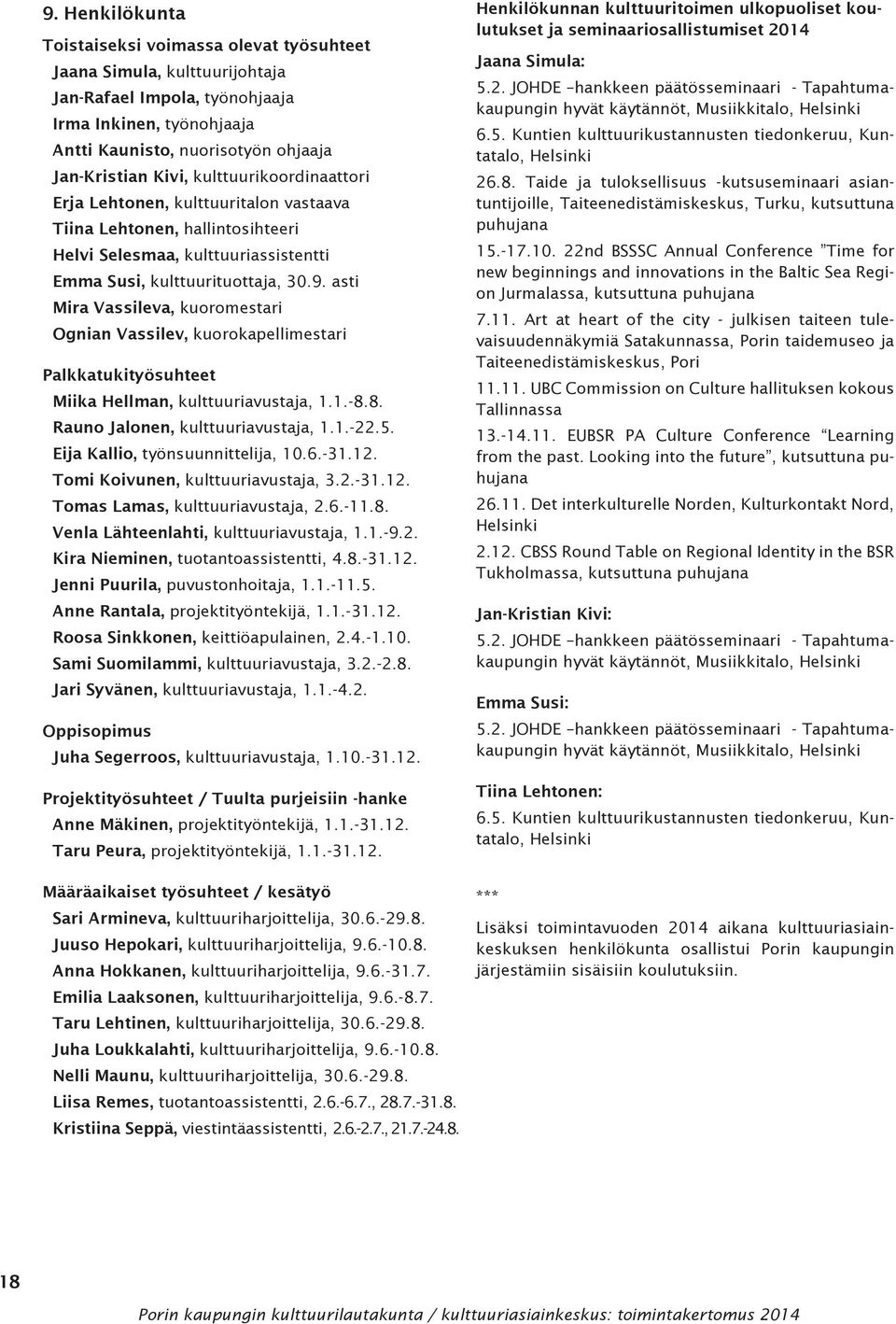 asti Mira Vassileva, kuoromestari Ognian Vassilev, kuorokapellimestari Palkkatukityösuhteet Miika Hellman, kulttuuriavustaja, 1.1.-8.8. Rauno Jalonen, kulttuuriavustaja, 1.1.-22.5.