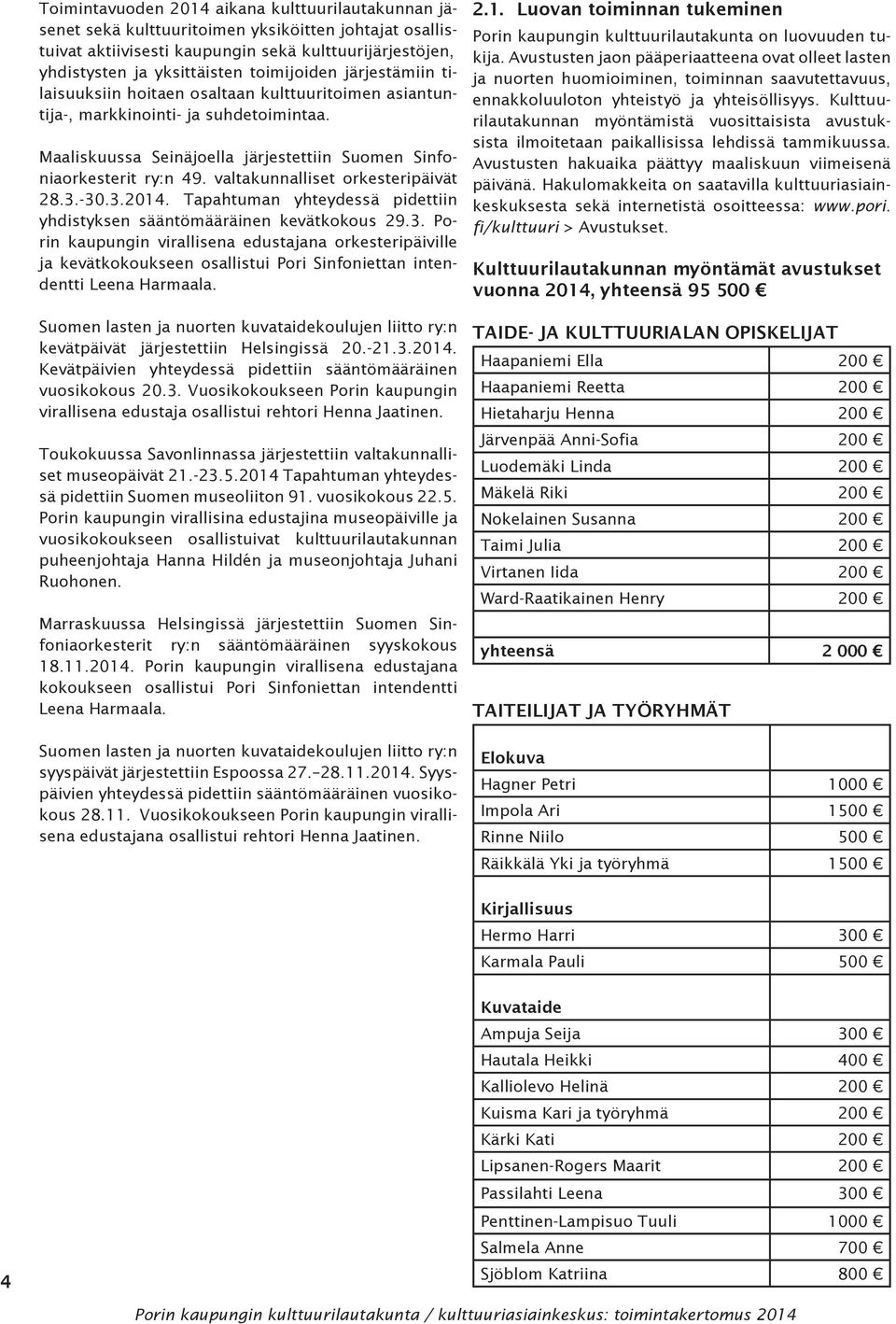 valtakunnalliset orkesteripäivät 28.3.-30.3.2014. Tapahtuman yhteydessä pidettiin yhdistyksen sääntömääräinen kevätkokous 29.3. Porin kaupungin virallisena edustajana orkesteripäiville ja kevätkokoukseen osallistui Pori Sinfoniettan intendentti Leena Harmaala.