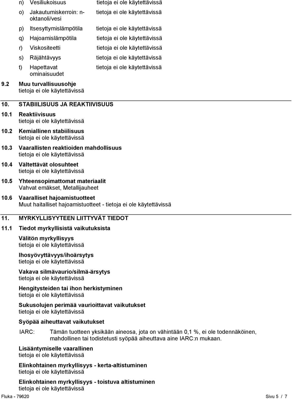 5 Yhteensopimattomat materiaalit Vahvat emäkset, Metallijauheet 10.6 Vaaralliset hajoamistuotteet Muut haitalliset hajoamistuotteet - 11. MYRKYLLISYYTEEN LIITTYVÄT TIEDOT 11.