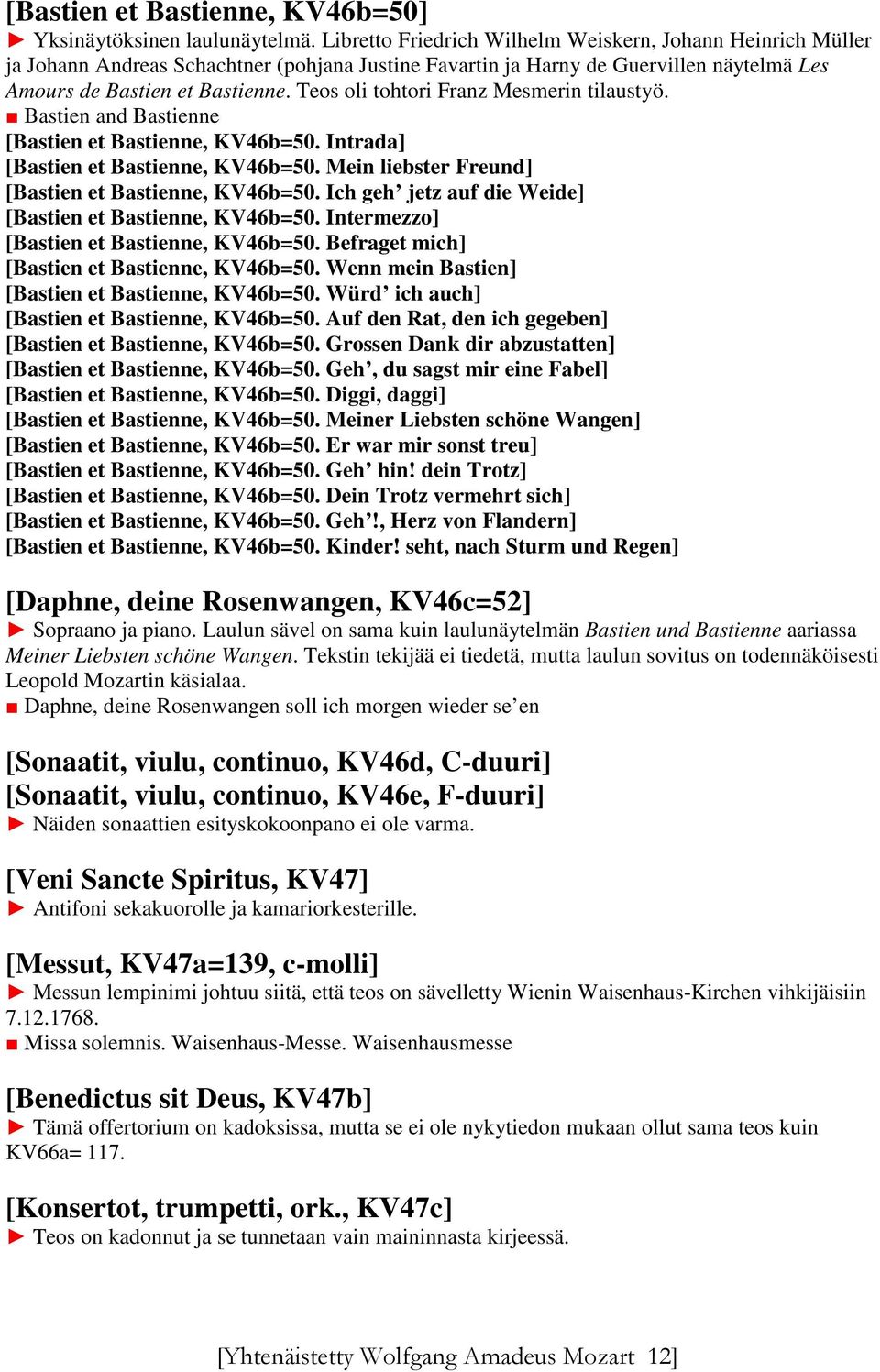 Teos oli tohtori Franz Mesmerin tilaustyö. Bastien and Bastienne [Bastien et Bastienne, KV46b=50. Intrada] [Bastien et Bastienne, KV46b=50. Mein liebster Freund] [Bastien et Bastienne, KV46b=50.