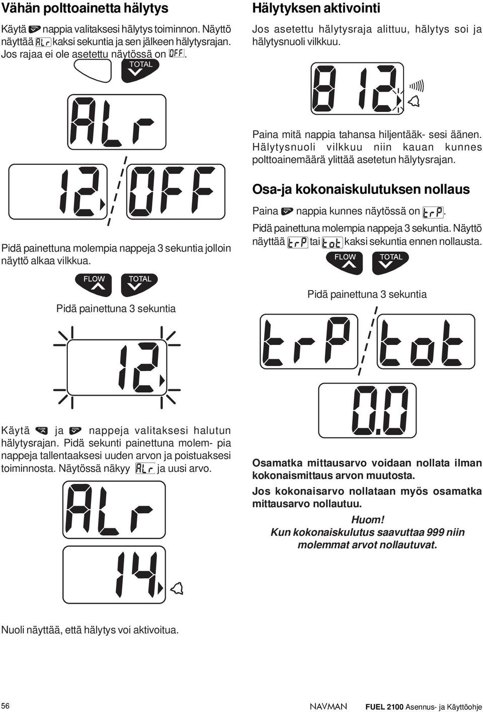 Paina mitä nappia tahansa hiljentääk- sesi äänen. Hälytysnuoli vilkkuu niin kauan kunnes polttoainemäärä ylittää asetetun hälytysrajan.