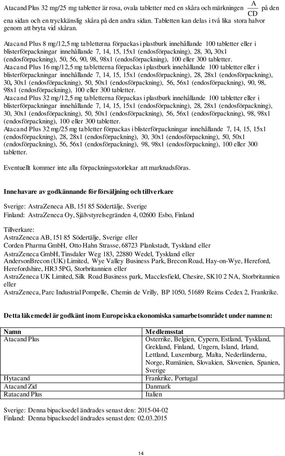 Atacand Plus 8 mg/12,5 mg tabletterna förpackas i plastburk innehållande 100 tabletter eller i blisterförpackningar innehållande 7, 14, 15, 15x1 (endosförpackning), 28, 30, 30x1 (endosförpackning),