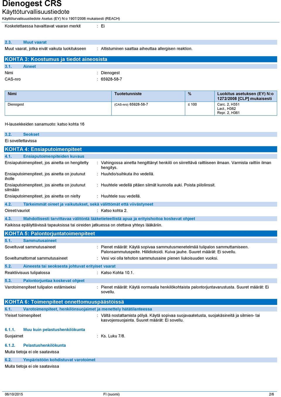 Aineet Nimi : Dienogest CAS-nro : 65928-58-7 Nimi Tuotetunniste % Luokitus asetuksen (EY) N:o 1272/2008 [CLP] mukaisesti Dienogest (CAS-nro) 65928-58-7 100 Carc. 2, H351 Lact., H362 Repr.