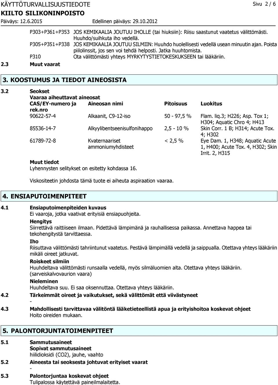Ota välittömästi yhteys MYRKYTYSTIETOKESKUKSEEN tai lääkäriin. 3. KOOSTUMUS JA TIEDOT AINEOSISTA 3.2 Seokset Vaaraa aiheuttavat aineosat CAS/EYnumero ja Aineosan nimi Pitoisuus Luokitus rek.
