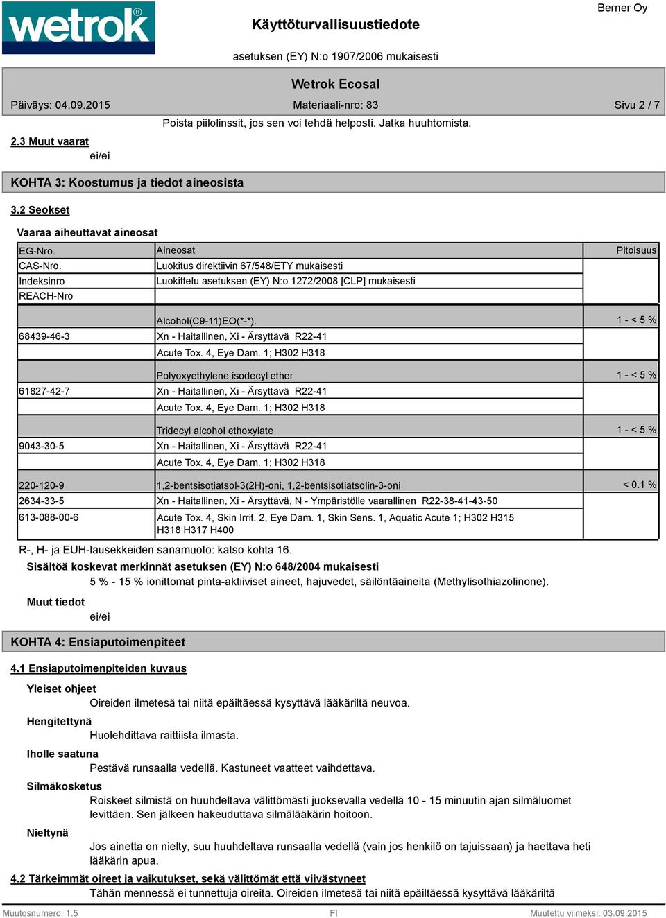 Xn - Haitallinen, Xi - Ärsyttävä R22-41 Acute Tox. 4, Eye Dam. 1; H302 H318 Polyoxyethylene isodecyl ether Xn - Haitallinen, Xi - Ärsyttävä R22-41 Acute Tox. 4, Eye Dam. 1; H302 H318 Tridecyl alcohol ethoxylate Xn - Haitallinen, Xi - Ärsyttävä R22-41 Acute Tox.