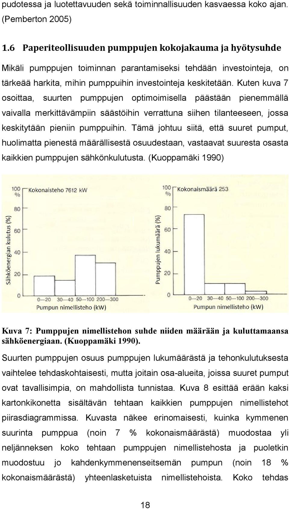 Kuten kuva 7 osoittaa, suurten pumppujen optimoimisella päästään pienemmällä vaivalla merkittävämpiin säästöihin verrattuna siihen tilanteeseen, jossa keskitytään pieniin pumppuihin.