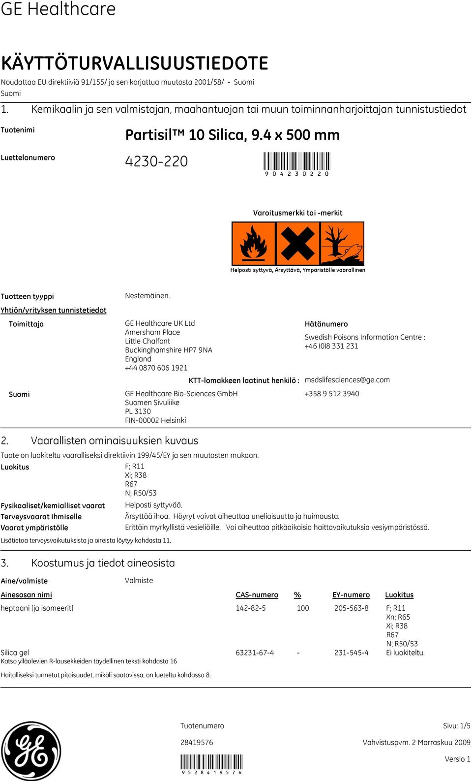 4 x 500 mm 420220 90420220 Varoitusmerkki tai merkit Helposti syttyvä, Ärsyttävä, Ympäristölle vaarallinen Tuotteen tyyppi Yhtiön/yrityksen tunnistetiedot Toimittaja Suomi Nestemäinen.