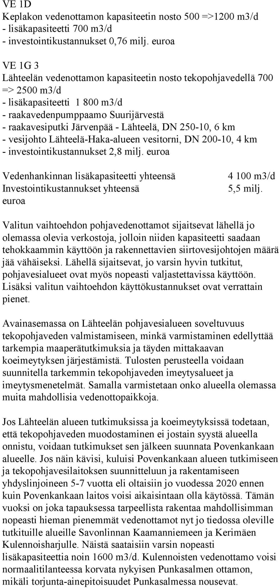 250-10, 6 km - vesijohto Lähteelä-Haka-alueen vesitorni, DN 200-10, 4 km - investointikustannukset 2,8 milj.