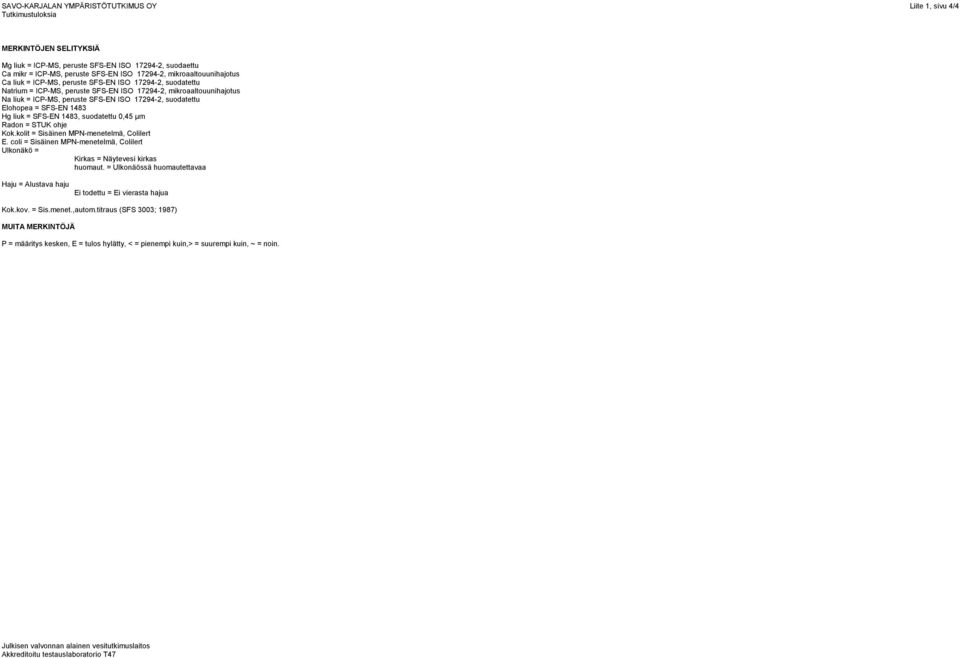 suodatettu Elohopea = SFS-EN 1483 Hg liuk = SFS-EN 1483, suodatettu 0,45 µm Radon = STUK ohje Kok.kolit = Sisäinen MPN-menetelmä, Colilert E.