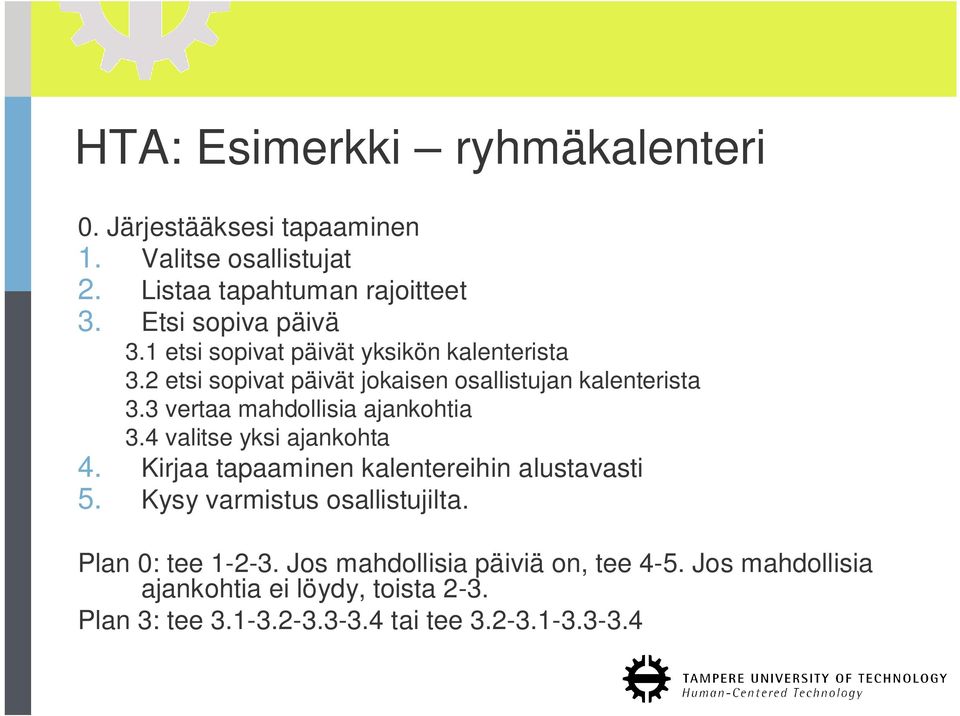 3 vertaa mahdollisia ajankohtia 3.4 valitse yksi ajankohta 4. Kirjaa tapaaminen kalentereihin alustavasti 5.