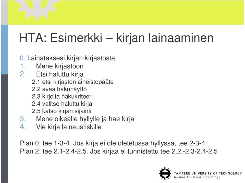 5 katso kirjan sijainti 3. Mene oikealle hyllylle ja hae kirja 4. Vie kirja lainaustiskille Plan 0: tee 1-3-4.