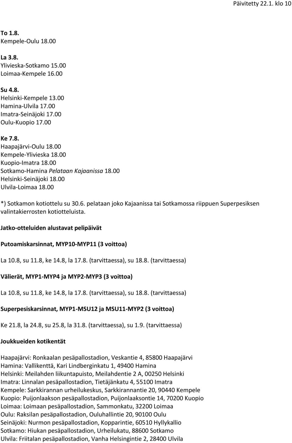 pelataan joko Kajaanissa tai Sotkamossa riippuen Superpesiksen valintakierrosten kotiotteluista. Jatko-otteluiden alustavat pelipäivät Putoamiskarsinnat, MYP10-MYP11 (3 voittoa) La 10.8, su 11.