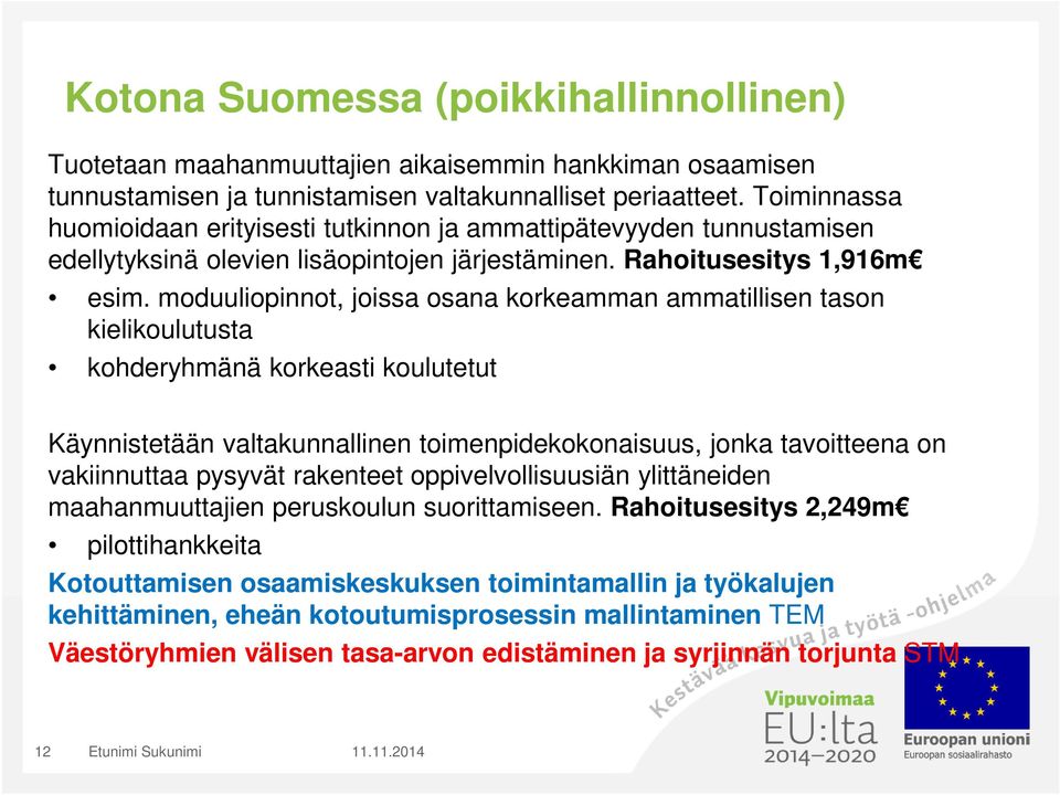 moduuliopinnot, joissa osana korkeamman ammatillisen tason kielikoulutusta kohderyhmänä korkeasti koulutetut Käynnistetään valtakunnallinen toimenpidekokonaisuus, jonka tavoitteena on vakiinnuttaa