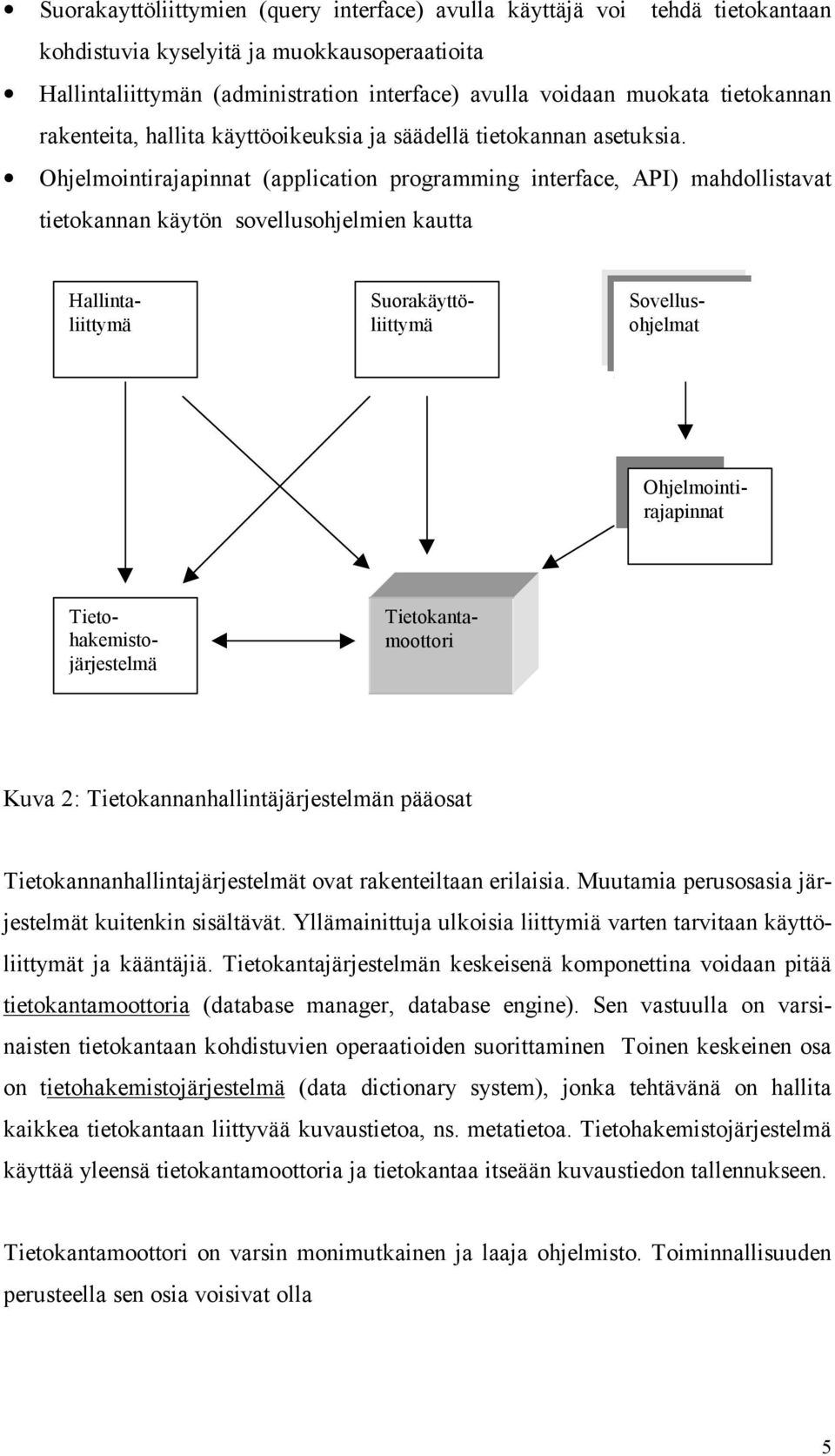 Ohjelmointirajapinnat (application programming interface, API) mahdollistavat tietokannan käytön sovellusohjelmien kautta Tietokantamoottori Tietohakemistojärjestelmä Hallintaliittymä