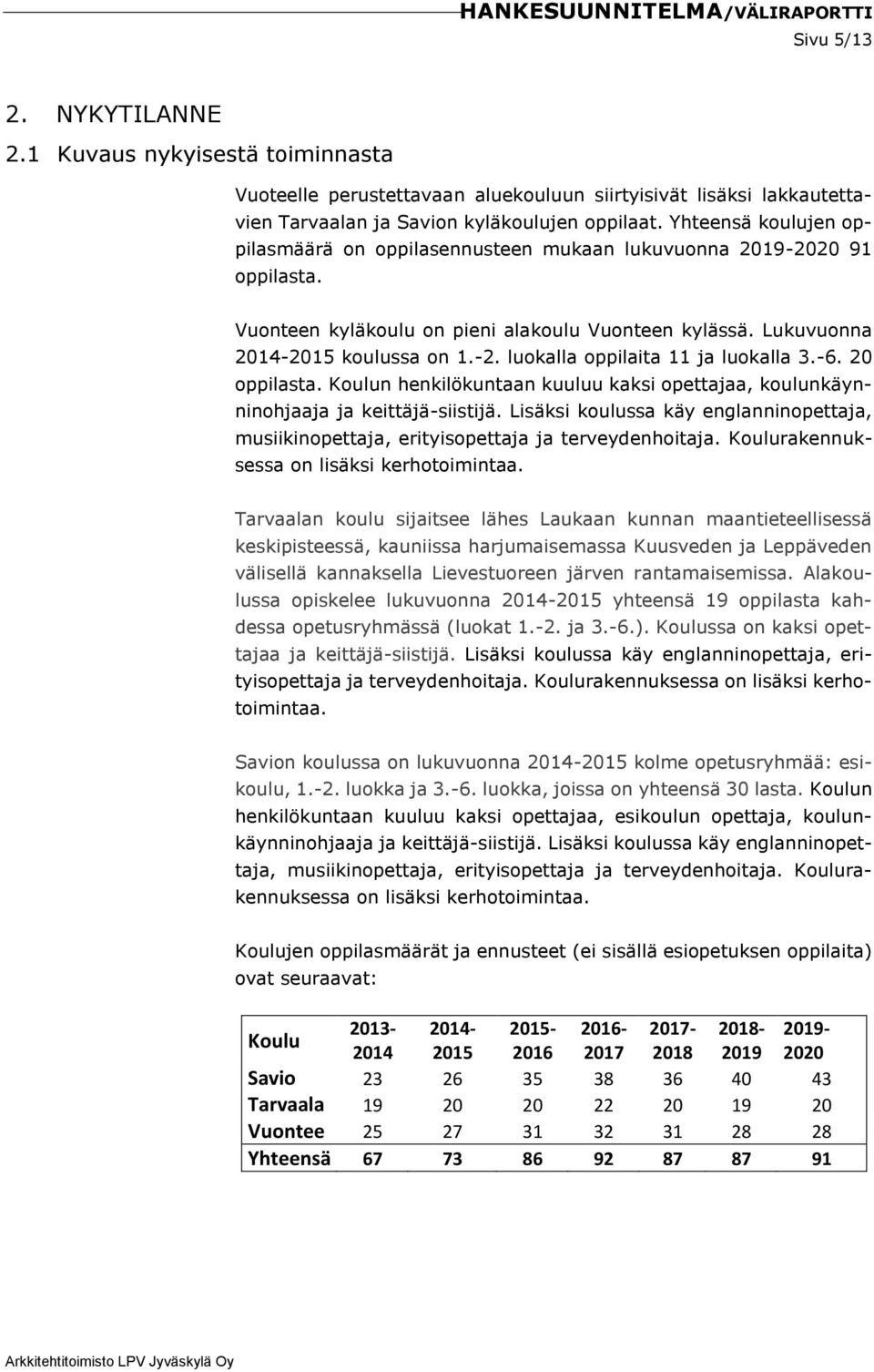 -6. 20 oppilasta. Koulun henkilökuntaan kuuluu kaksi opettajaa, koulunkäynninohjaaja ja keittäjä-siistijä.