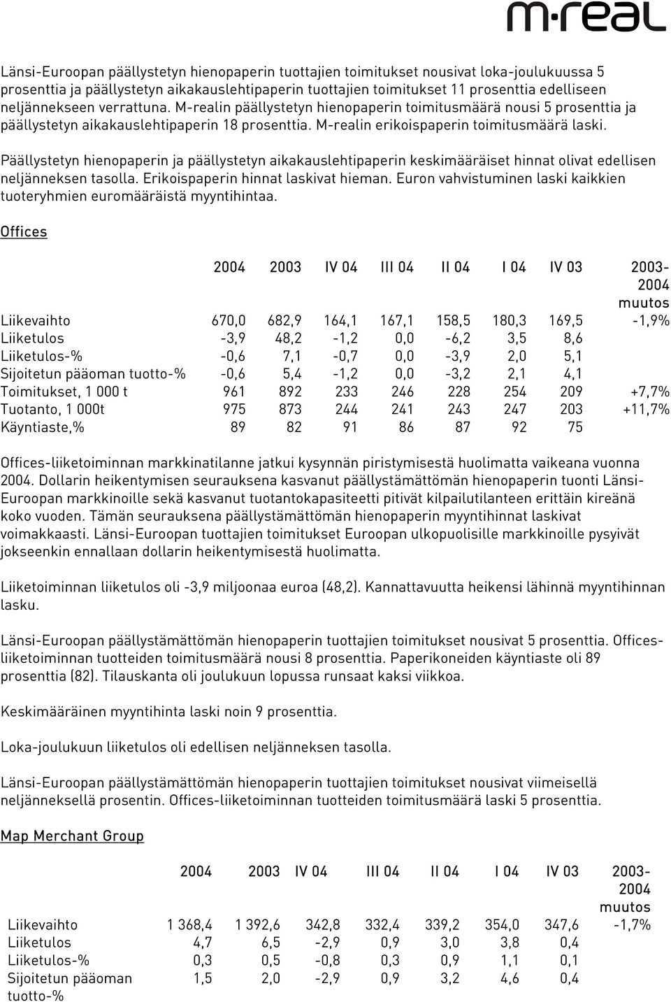 Päällystetyn hienopaperin ja päällystetyn aikakauslehtipaperin keskimääräiset hinnat olivat edellisen neljänneksen tasolla. Erikoispaperin hinnat laskivat hieman.