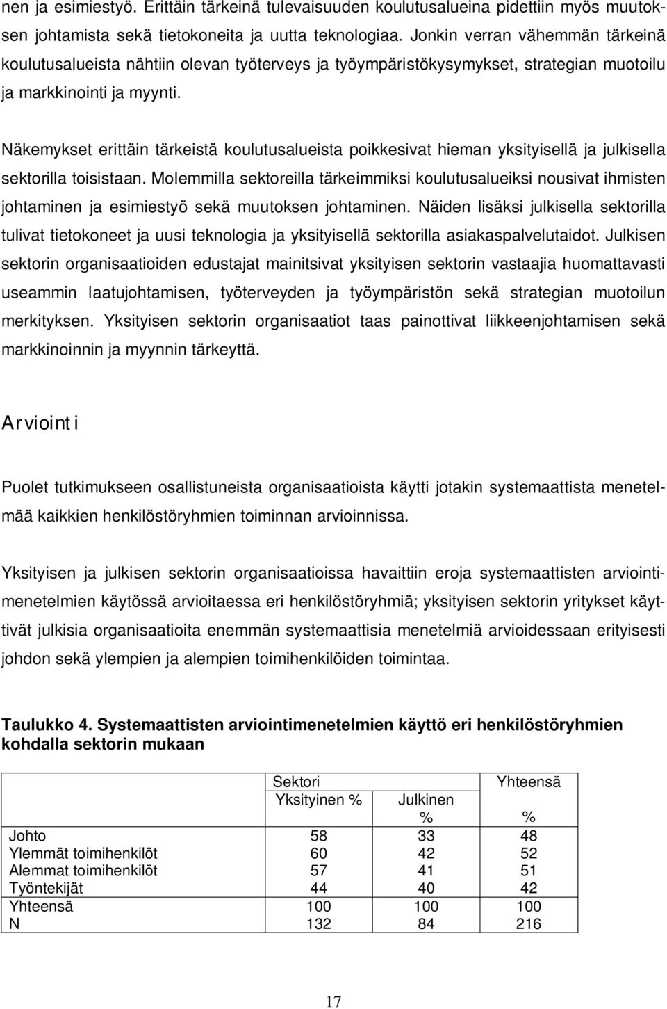 Näkemykset erittäin tärkeistä koulutusalueista poikkesivat hieman yksityisellä ja julkisella sektorilla toisistaan.