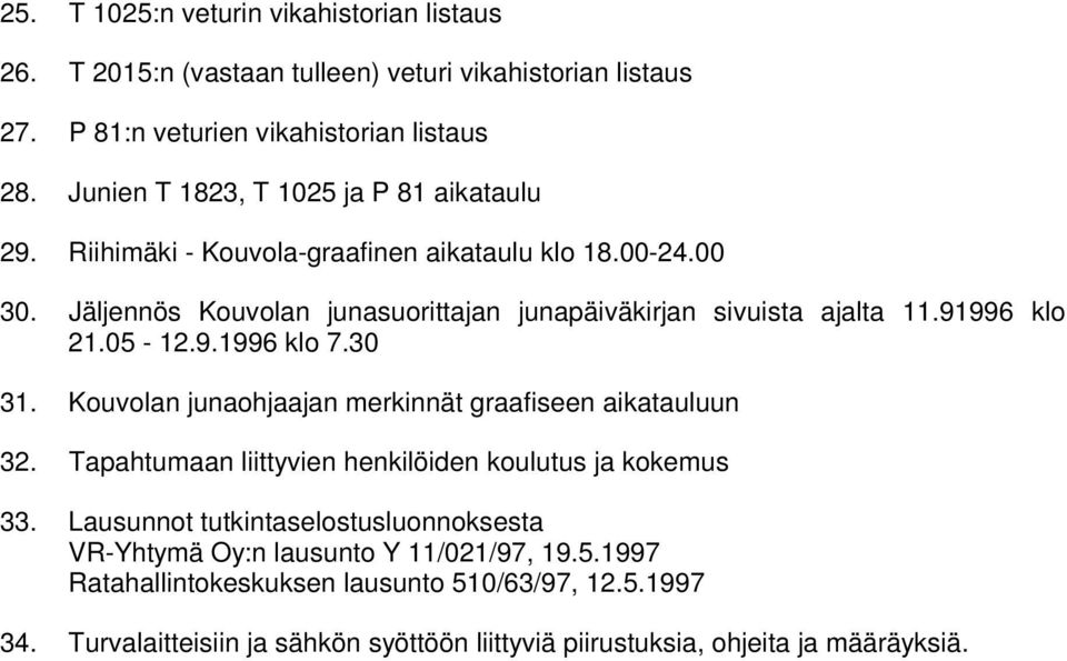 91996 klo 21.05-12.9.1996 klo 7.30 31. Kouvolan junaohjaajan merkinnät graafiseen aikatauluun 32. Tapahtumaan liittyvien henkilöiden koulutus ja kokemus 33.