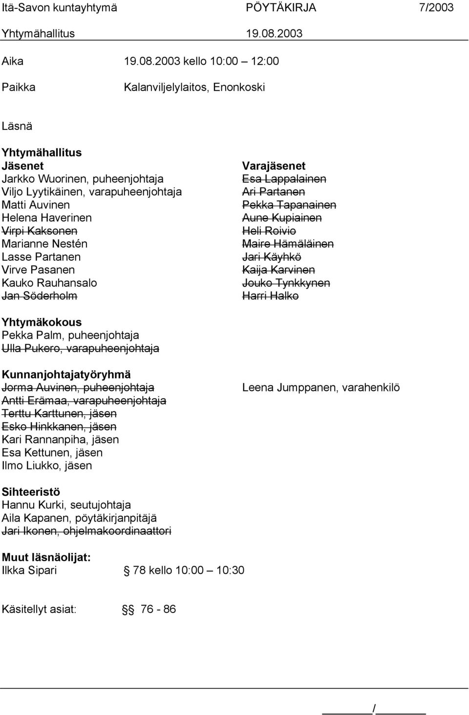 Kaksonen Marianne Nestén Lasse Partanen Virve Pasanen Kauko Rauhansalo Jan Söderholm Varajäsenet Esa Lappalainen Ari Partanen Pekka Tapanainen Aune Kupiainen Heli Roivio Maire Hämäläinen Jari Käyhkö