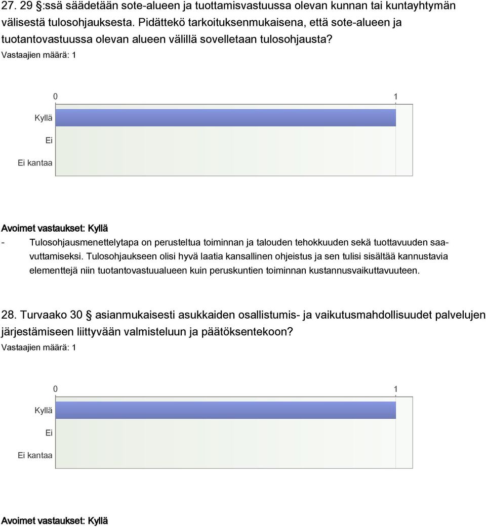 Avoimet vastaukset: - Tulosohjausmenettelytapa on perusteltua toiminnan ja talouden tehokkuuden sekä tuottavuuden saavuttamiseksi.