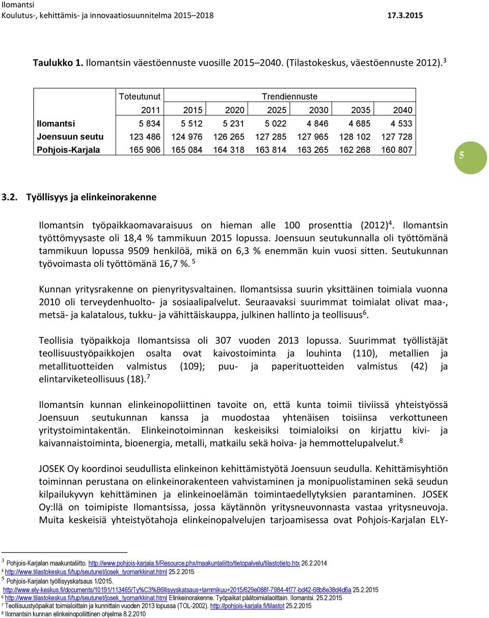 Pohjois-Karjala 165 906 165 084 164 318 163 814 163 265 162 268 160 807 5 3.2. Työllisyys ja elinkeinorakenne Ilomantsin työpaikkaomavaraisuus on hieman alle 100 prosenttia (2012) 4.