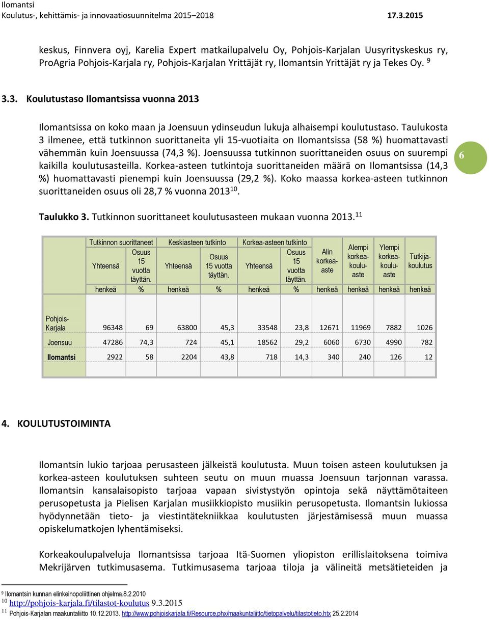 Taulukosta 3 ilmenee, että tutkinnon suorittaneita yli 15-vuotiaita on Ilomantsissa (58 %) huomattavasti vähemmän kuin Joensuussa (74,3 %).