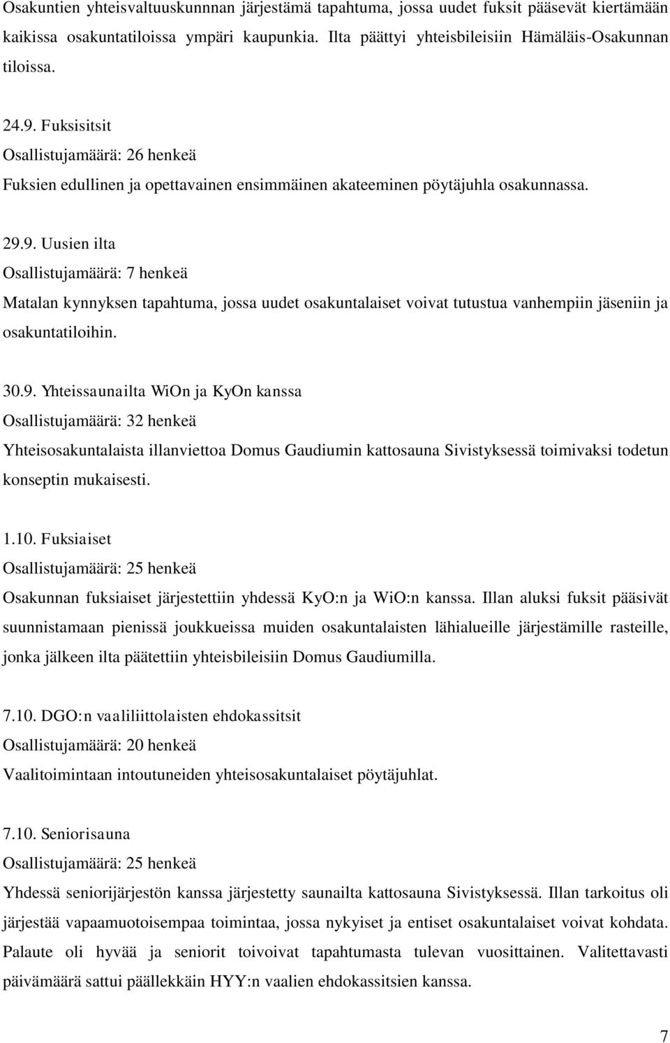 9. Uusien ilta Osallistujamäärä: 7 henkeä Matalan kynnyksen tapahtuma, jossa uudet osakuntalaiset voivat tutustua vanhempiin jäseniin ja osakuntatiloihin. 30.9. Yhteissaunailta WiOn ja KyOn kanssa Osallistujamäärä: 32 henkeä Yhteisosakuntalaista illanviettoa Domus Gaudiumin kattosauna Sivistyksessä toimivaksi todetun konseptin mukaisesti.