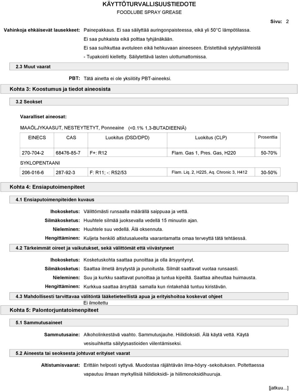 3 Muut vaarat Kohta 3: Koostumus ja tiedot aineosista 3.2 Seokset PBT: Tätä ainetta ei ole yksilöity PBT-aineeksi. Vaaralliset aineosat: MAAÖLJYKAASUT, NESTEYTETYT, Ponneaine (<0.