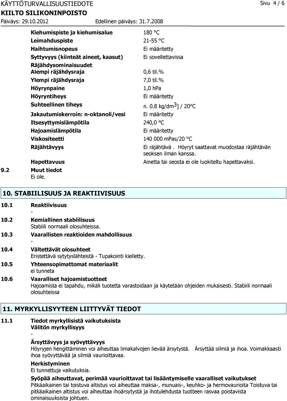 6 til.% 7,0 til.% 1,0 hpa Suhteellinen tiheys n. 0.