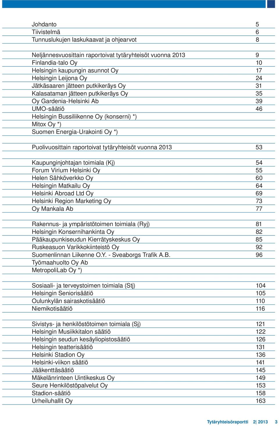 Energia-Urakointi Oy *) Puolivuosittain raportoivat tytäryhteisöt vuonna 2013 53 Kaupunginjohtajan toimiala (Kj) 54 Forum Virium Helsinki Oy 55 Helen Sähköverkko Oy 60 Helsingin Matkailu Oy 64