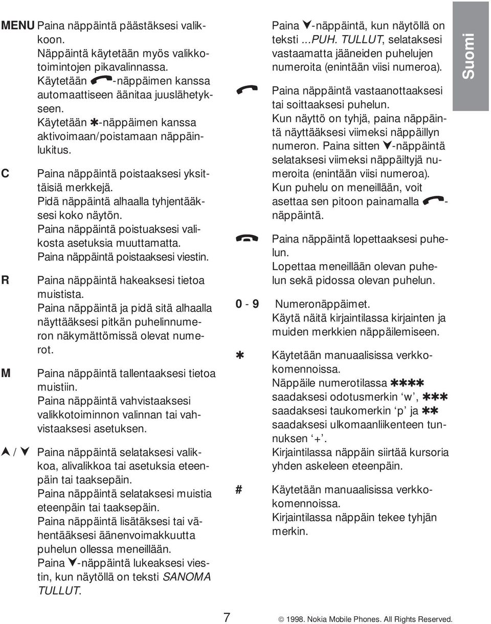 Paina näppäintä poistuaksesi valikosta asetuksia muuttamatta. Paina näppäintä poistaaksesi viestin. Paina näppäintä hakeaksesi tietoa muistista.