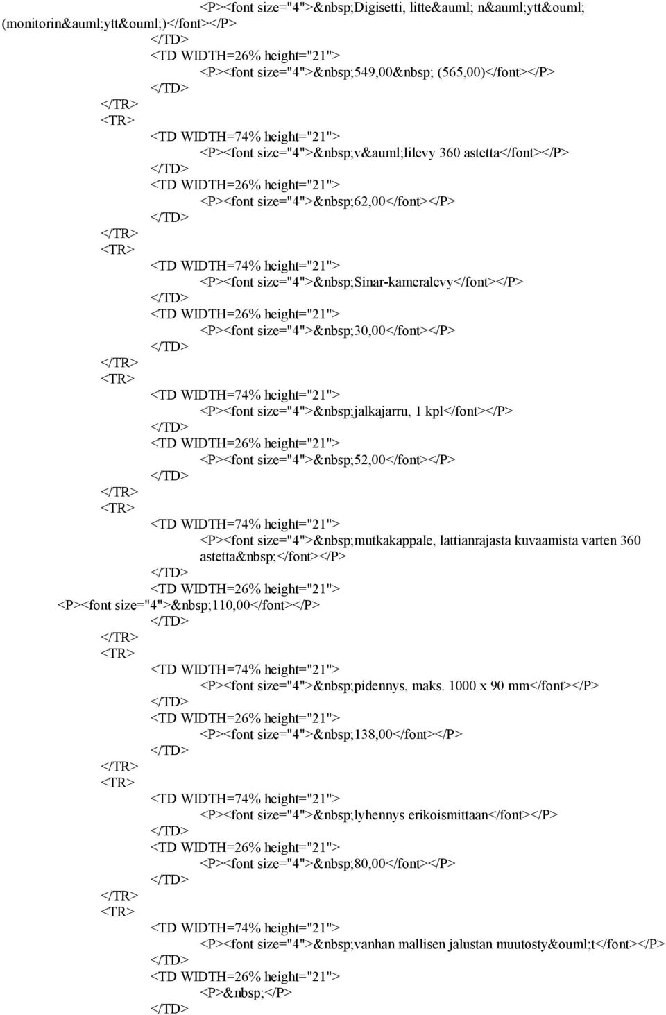 <P><font size="4"> mutkakappale, lattianrajasta kuvaamista varten 360 astetta </font></p> <P><font size="4"> 110,00</font></P> <P><font size="4"> pidennys, maks.