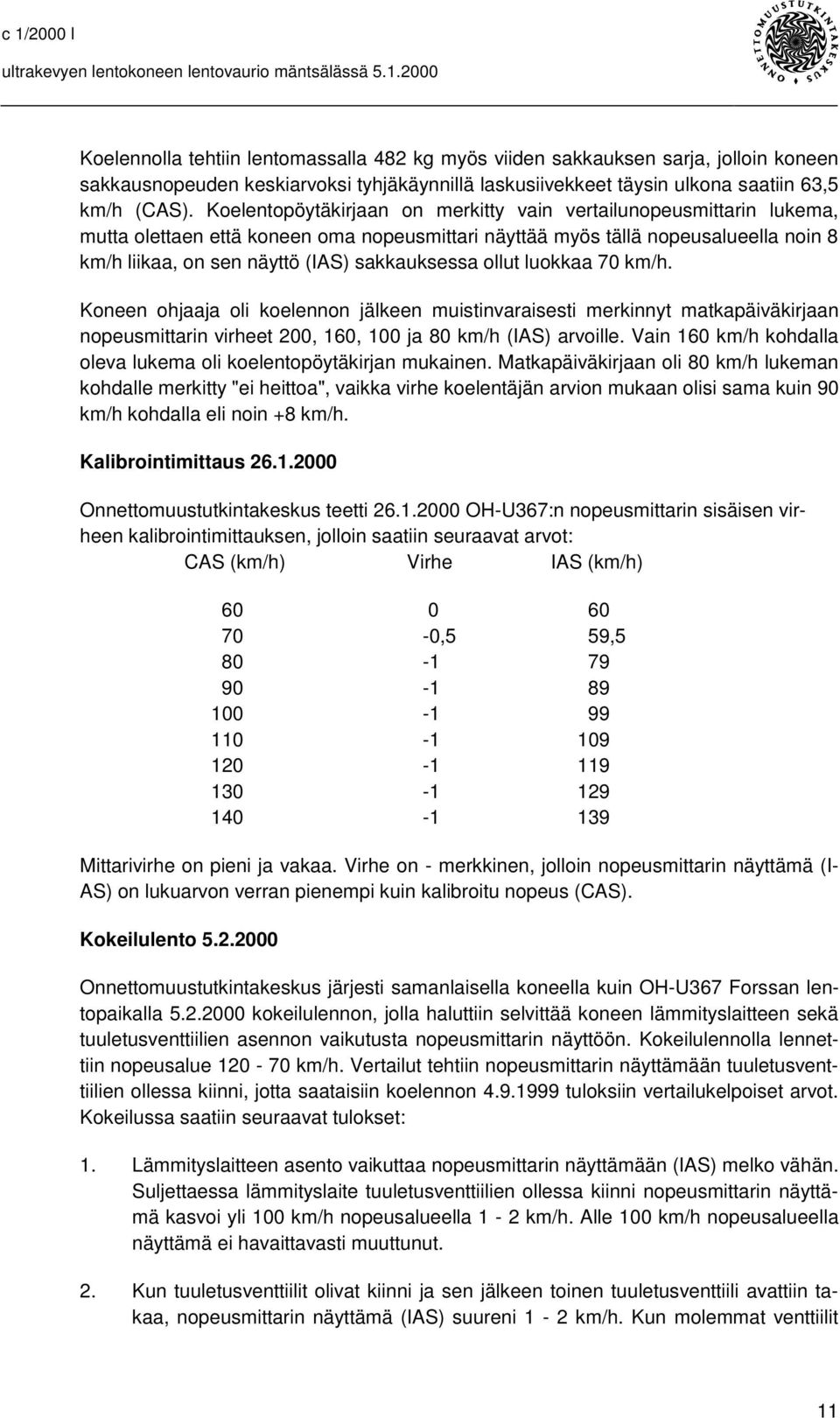 sakkauksessa ollut luokkaa 70 km/h. Koneen ohjaaja oli koelennon jälkeen muistinvaraisesti merkinnyt matkapäiväkirjaan nopeusmittarin virheet 200, 160, 100 ja 80 km/h (IAS) arvoille.