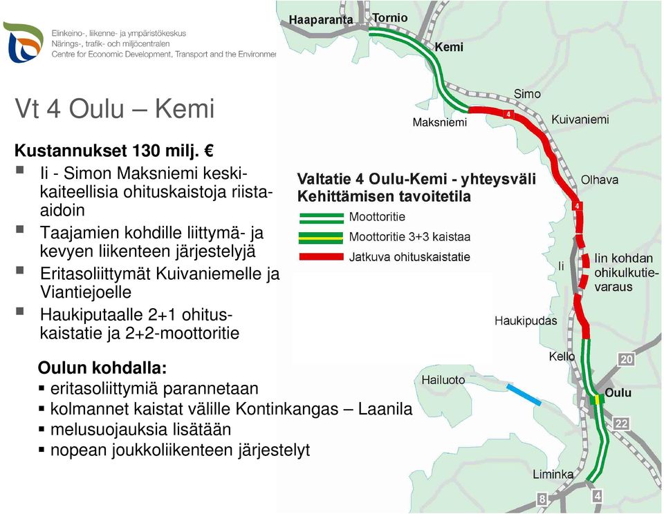 liikenteen järjestelyjä Eritasoliittymät Kuivaniemelle ja Viantiejoelle Haukiputaalle 2+1 ohituskaistatie ja