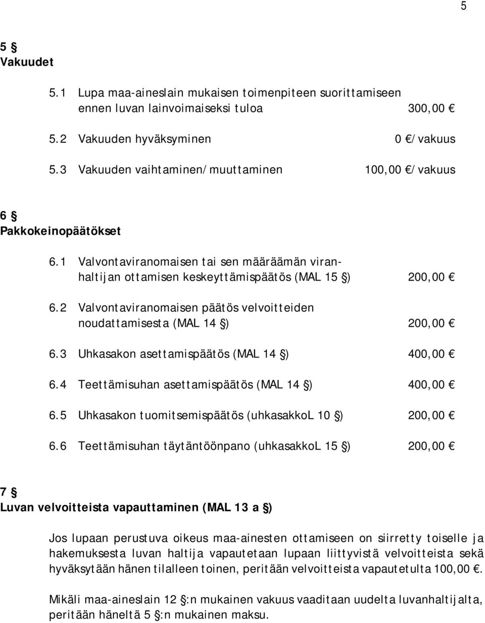 2 Valvontaviranomaisen päätös velvoitteiden noudattamisesta (MAL 14 ) 200,00 6.3 Uhkasakon asettamispäätös (MAL 14 ) 400,00 6.4 Teettämisuhan asettamispäätös (MAL 14 ) 400,00 6.