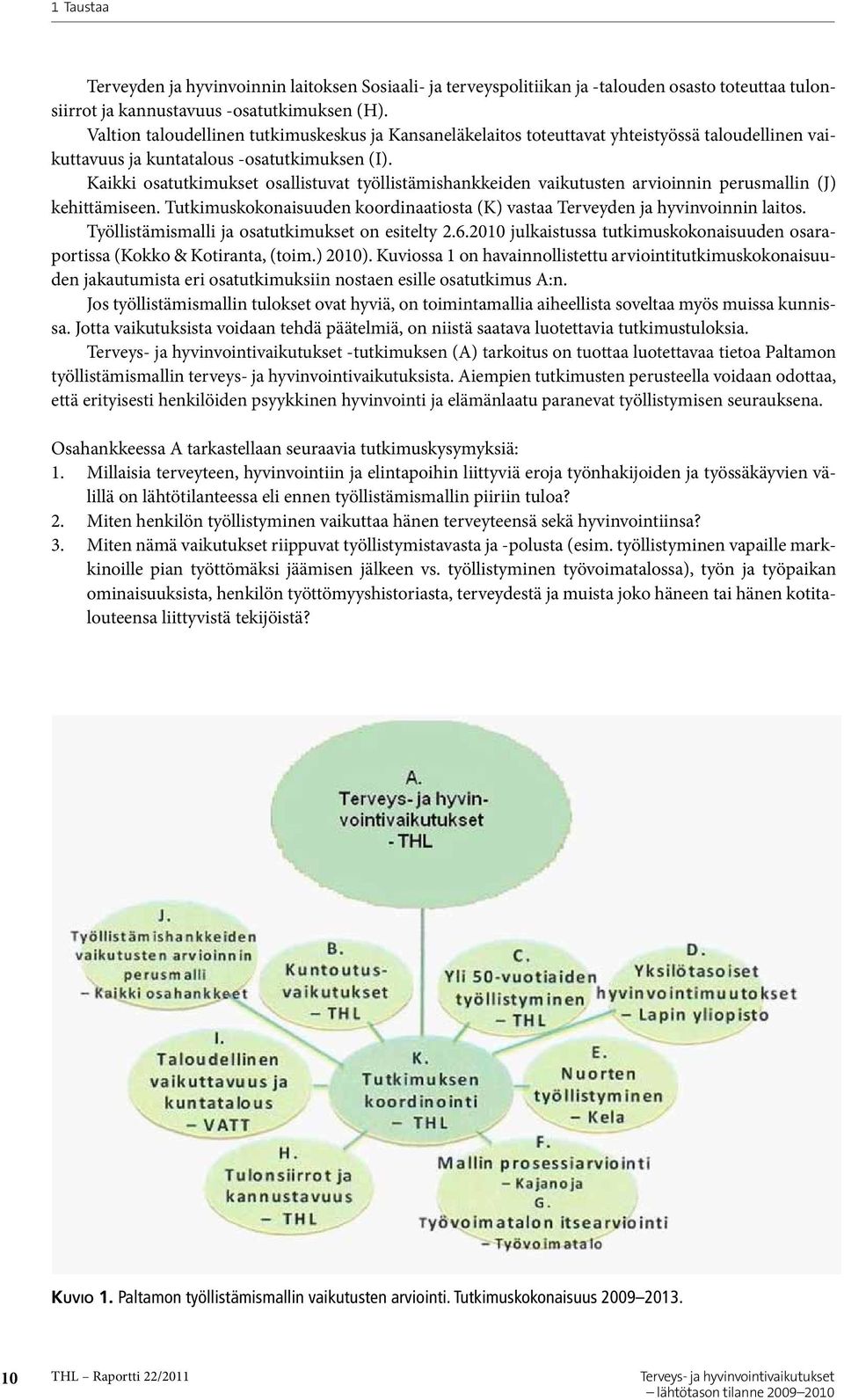 Kaikki osatutkimukset osallistuvat työllistämishankkeiden vaikutusten arvioinnin perusmallin (J) kehittämiseen. Tutkimuskokonaisuuden koordinaatiosta (K) vastaa Terveyden ja hyvinvoinnin laitos.