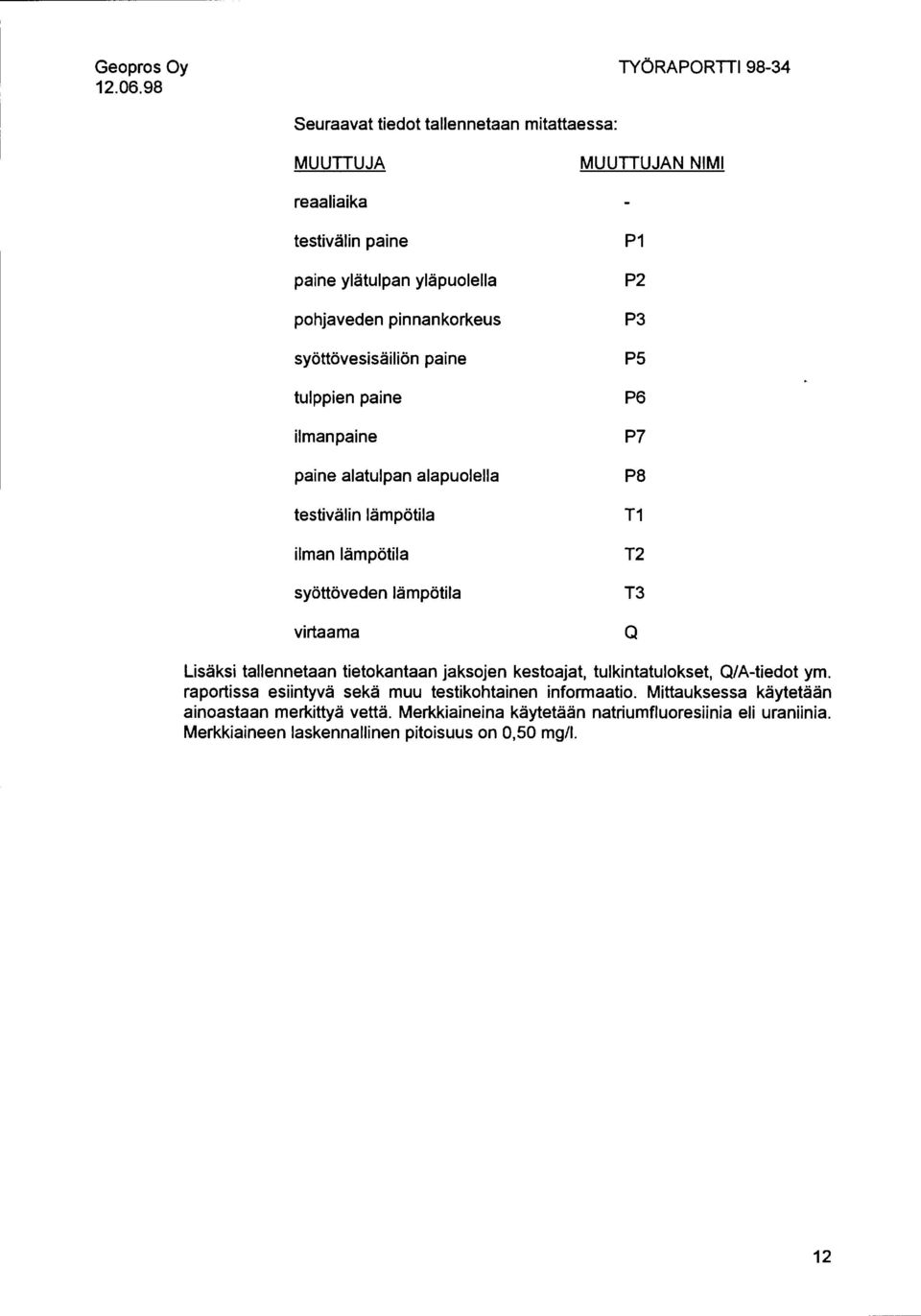 syöttövesisäiliön paine tulppien paine ilmanpaine paine alatulpan alapuolella testivälin lämpötila ilman lämpötila syöttöveden lämpötila virtaama P1 P2 P3 PS P6 P7 P8