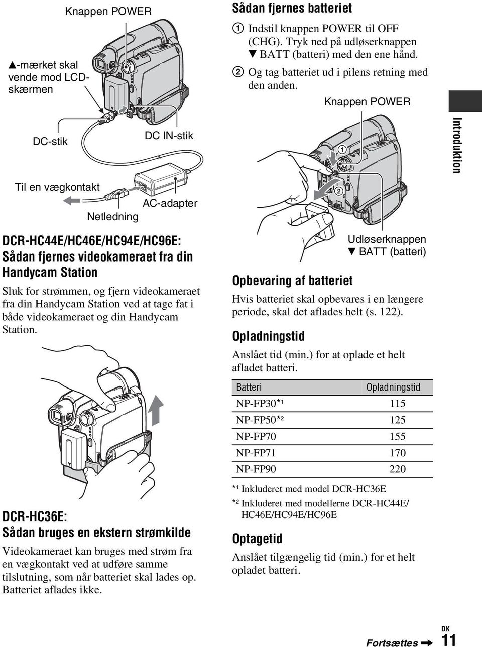 Knappen POWER DC IN-stik DC-stik Til en vægkontakt AC-adapter Netledning 1 2 Introduktion DCR-HC44E/HC46E/HC94E/HC96E: Sådan fjernes videokameraet fra din Handycam Station Sluk for strømmen, og fjern