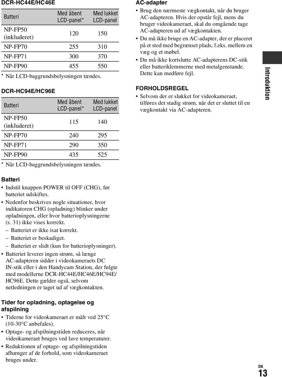 Med lukket LCD-panel NP-FP50 (inkluderet) 120 150 NP-FP70 255 310 NP-FP71 300 370 NP-FP90 455 550 AC-adapter Brug den nærmeste vægkontakt, når du bruger AC-adapteren.