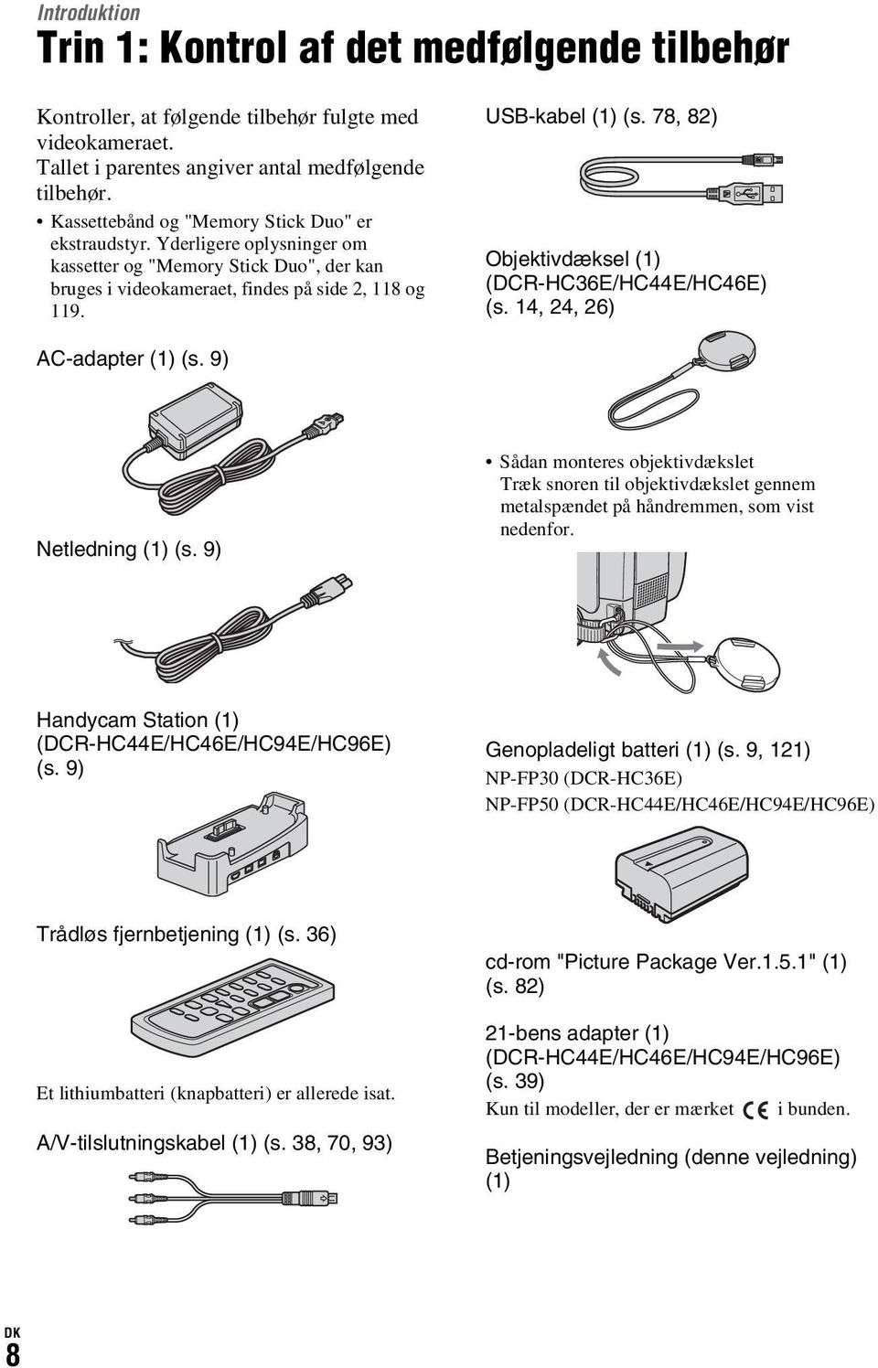 78, 82) Objektivdæksel (1) (DCR-HC36E/HC44E/HC46E) (s. 14, 24, 26) AC-adapter (1) (s. 9) Netledning (1) (s.